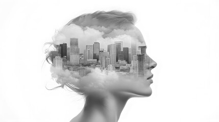 A woman with buildings and smoke in double exposure, urban pollution. The isolated composition on a white background emphasizes the stark contrast between nature and industrialization in monochrome.