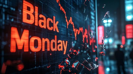 Black Monday sign with red stock chart and breaking glass representing severe economic crisis and market collapse
