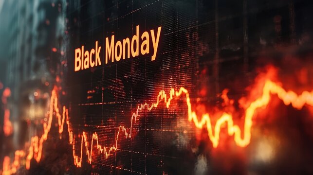 Black Monday text with falling stock chart on red digital screen during financial crisis - Powered by Adobe