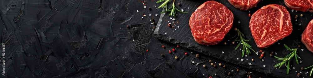 Poster Top view of four raw dry aged Wagyu rib eye beef steaks with herbs and black salt on a black board with space for text