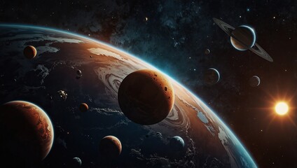 Background design with many planets in space illustration. Space icon set and astronaut 