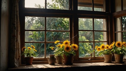 Background image of natural light indoor photo. Wooden vintage window in the kitchen open with sunflower blooming in the garden. Home gardening and summer morning concept. Design for wallpaper 