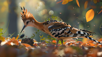 Hoopoe bird hunting for insects in autumn leaves.