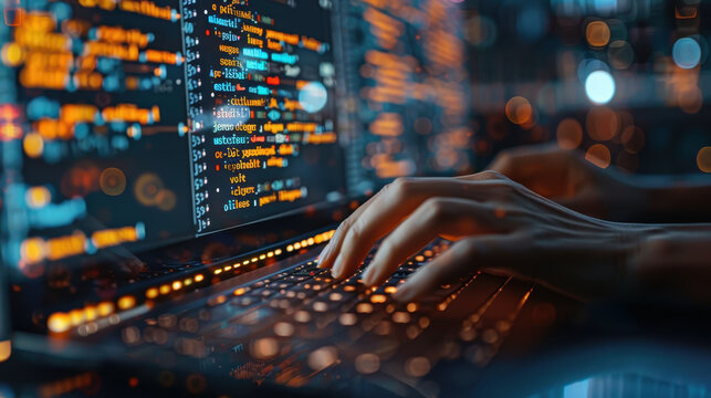 Software Developer Coding on Laptop with JavaScript Code at Night, Digital Technology Concept for Mobile App Development and Programming, Highlighting Binary Code and Data Processing
