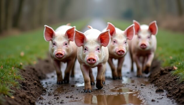 Piglets Walking In Mud.