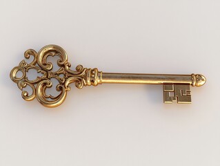A shiny golden key on a white background