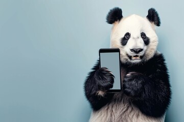 Obraz premium A panda holding a smartphone with a friendly grin demonstrating the ease of mobile banking