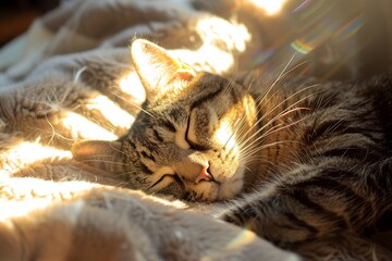 A contented cat curled up in a sunbeam copy space for promoting pet wellness or cozy home products. (Comfort