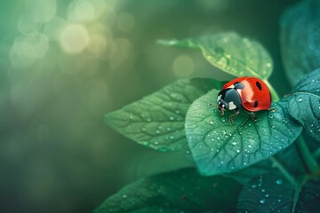 Obraz premium A close-up of a ladybug perched on a green leaf copy space for promoting eco-friendly products. (Nature