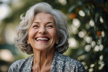 Beautiful gorgeous 50s mid age beautiful elderly senior model woman with grey hair laughing and smiling. Mature old lady close up portrait. Healthy face skin care beauty, skincare cosmetics