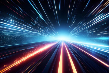 Obraz premium Futuristic data flow. Explosion effect. Sci-fi Motion wallpaper. Neon Glowing Rays in Motion. Hyper Speed Space Travel Concept. 