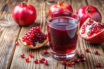 A glass of red juice is on a table with a bowl of pomegranates