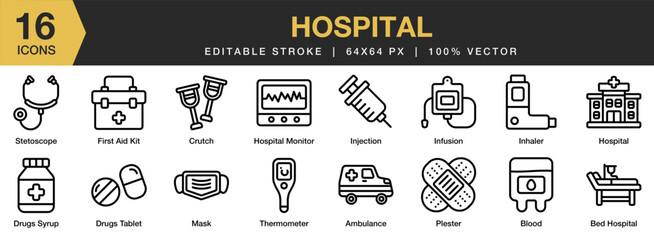 Hospital icon set. Editable Stroke Icon Collection. Includes drug tablets, hospital, infusion, inhaler, mask, plester, stethoscope, and More. Outline icons vector collection. © spacepixel