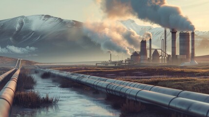 A geothermal energy plant with steam rising from pipes