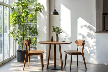 Interior design with wooden round table and chairs. Modern dining room with white wall. Cafe, bar or restaurant interior design.