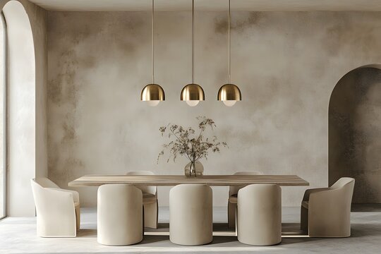 Minimalist interior design of modern dining room with brass pendant lights against beige stucco wall.