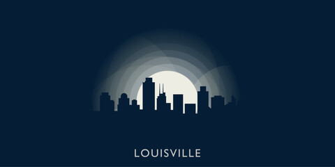 Obraz premium Louisville cityscape skyline city panorama vector flat banner illustration. USA, Kentucky state emblem idea with landmarks and building silhouettes at sunrise sunset night