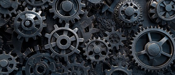 overlay of interconnected gears, on black background, Generative AI