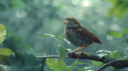 A Small Bird Singing In A Lush Green Forest.