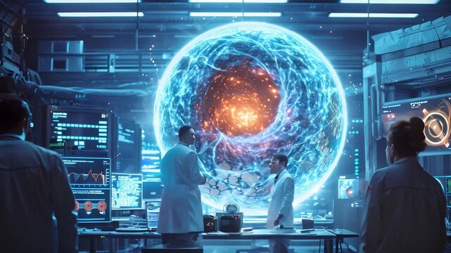 Scientists observe an energy sphere in a futuristic laboratory