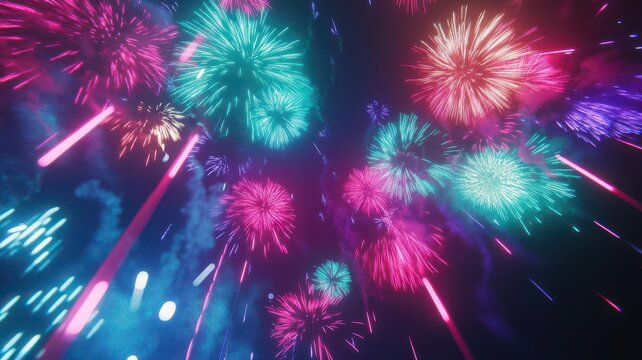 New Year fireworks display with a retro 80s twist, neon colors lighting up the night sky,  Fireworks Display ,  Retro 80s New Year