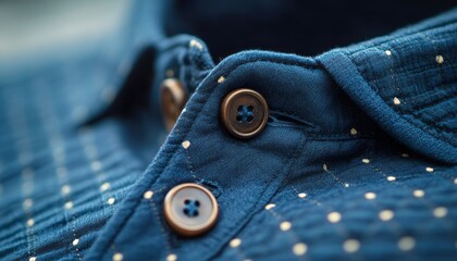 Close-Up View of Brown Buttons on a Blue Polka Dot Shirt Fabric in Natural Light