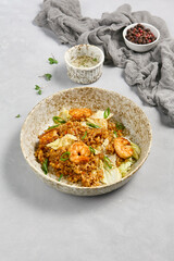 Delicious Shrimp Fried Rice (Тяхан) in a Rustic Bowl with Fresh Herbs and Spices