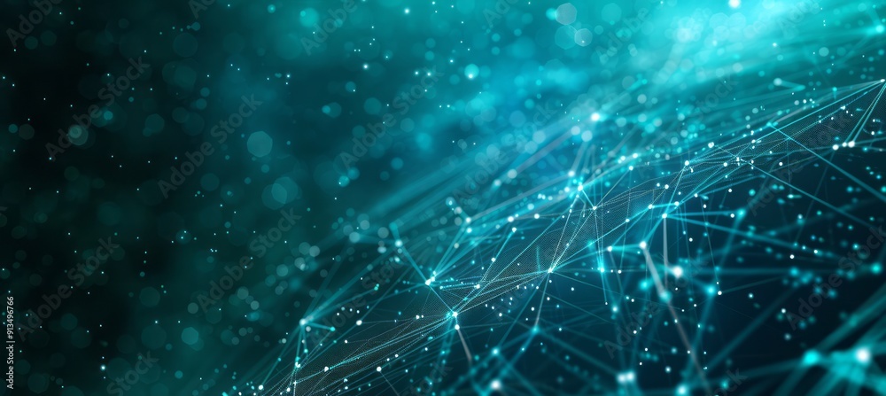 Poster dynamic network of blue and green particles displaying interconnected paths in a cosmic setting