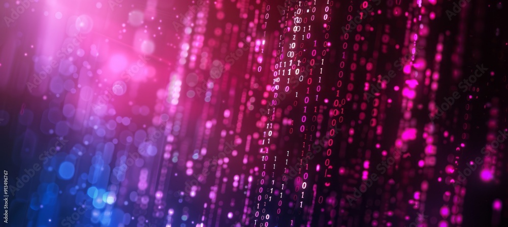 Poster vibrant digital data stream displaying binary code in colorful light patterns at night