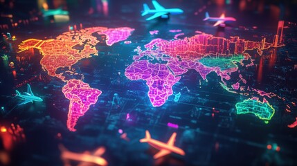 Fototapeta premium A futuristic neon-lit world map with major cities highlighted in bright neon colors, surrounded by travel icons like airplanes, suitcases, and passports