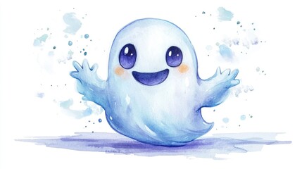 Cheerful and Welcoming Watercolor of a Cute Ghost Character Waving Happily on a White Background for Halloween Designs and