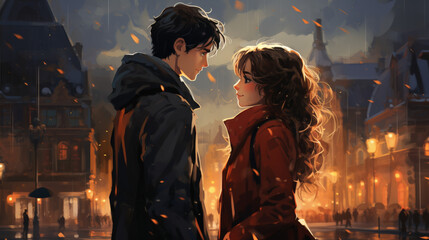 Fototapeta premium Anime Couple Holding Hands in the Rain