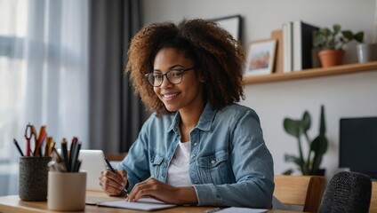 Black woman in home office, documents and laptop for research in remote work, ideas and thinking. Happy girl at desk with computer, writing notes and online search in house for freelance networking