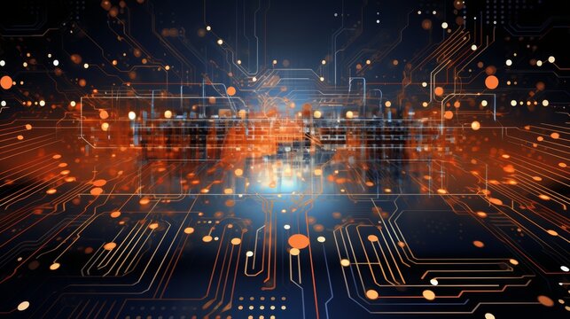 Futuristic quantum computer technology  dark circuit board background with orange wave flow