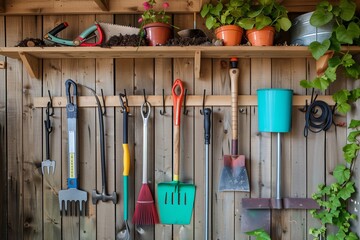 Garden Tools Organized on Wooden Wall Shelves With Plants in Bright Containers