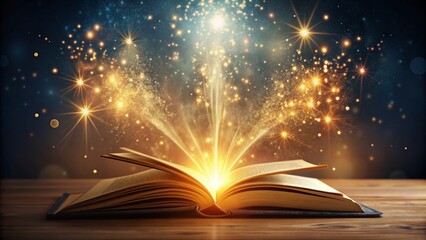 Open magical book with glowing sparks in mystical environment, mystery, enchantment, creativity, fantasy, knowledge, magical