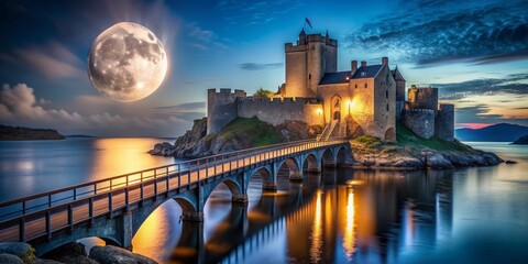 Medieval castle bathed in moonlight on island with bridge leading to it , mysterious, medieval, castle, night, moonlight