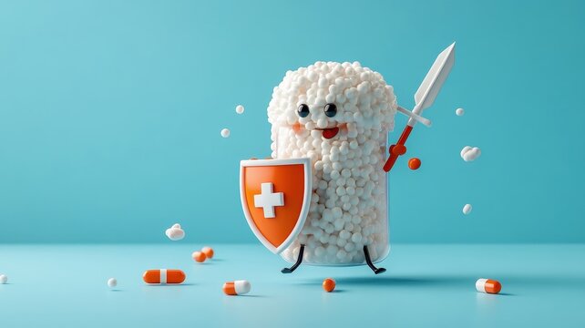 Zonisamide capsule as cartoon character with shield and sword, fighting seizures.
