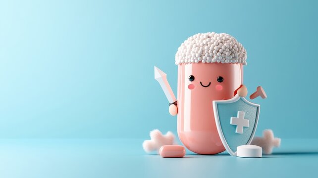 Zonisamide capsule as cartoon character with shield and sword, fighting seizures.