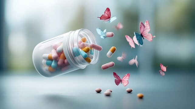 Zonisamide capsule bursting open, releasing colorful butterflies, symbolizing freedom.
