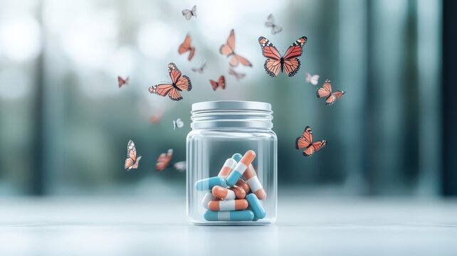Zonisamide capsule bursting open, releasing colorful butterflies, symbolizing freedom.