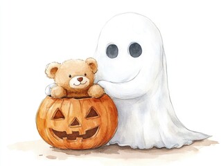 Playful and Friendly Ghost Character Holding a Cuddly Teddy Bear Watercolor for Halloween Holiday Decor or Designs  Isolated on White Background