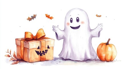 Friendly and Cheerful Ghost Character Holding a Gift Box in a Whimsical Watercolor Generosity Goodwill and the Spirit of the Halloween Season
