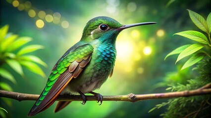 Fototapeta premium Photorealistic image of an adorable green hummingbird in a forest, hummingbird, green, forest, wildlife, nature, bird, small