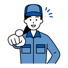 笑顔で指名するつなぎ作業服の女性