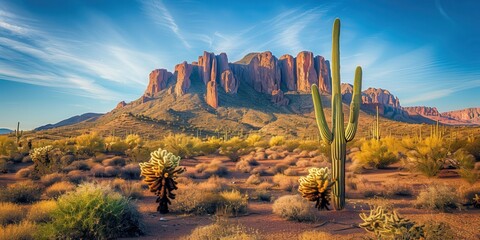 Arizona Desert Landscape with Superstition Mountain and Vibrant Cactus Scenery