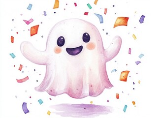 Fototapeta premium Playful and Celebratory Ghostly Character Surrounded by Colorful Confetti in a Watercolor Style
