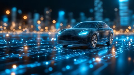 Futuristic Electric Car in Digital Cityscape