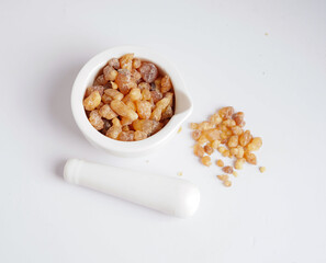 Frankincense or olibanum aromatic resin used in incense and perfumes.