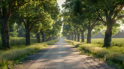 Fototapeta premium Sunlit Country Road Lined with Trees.